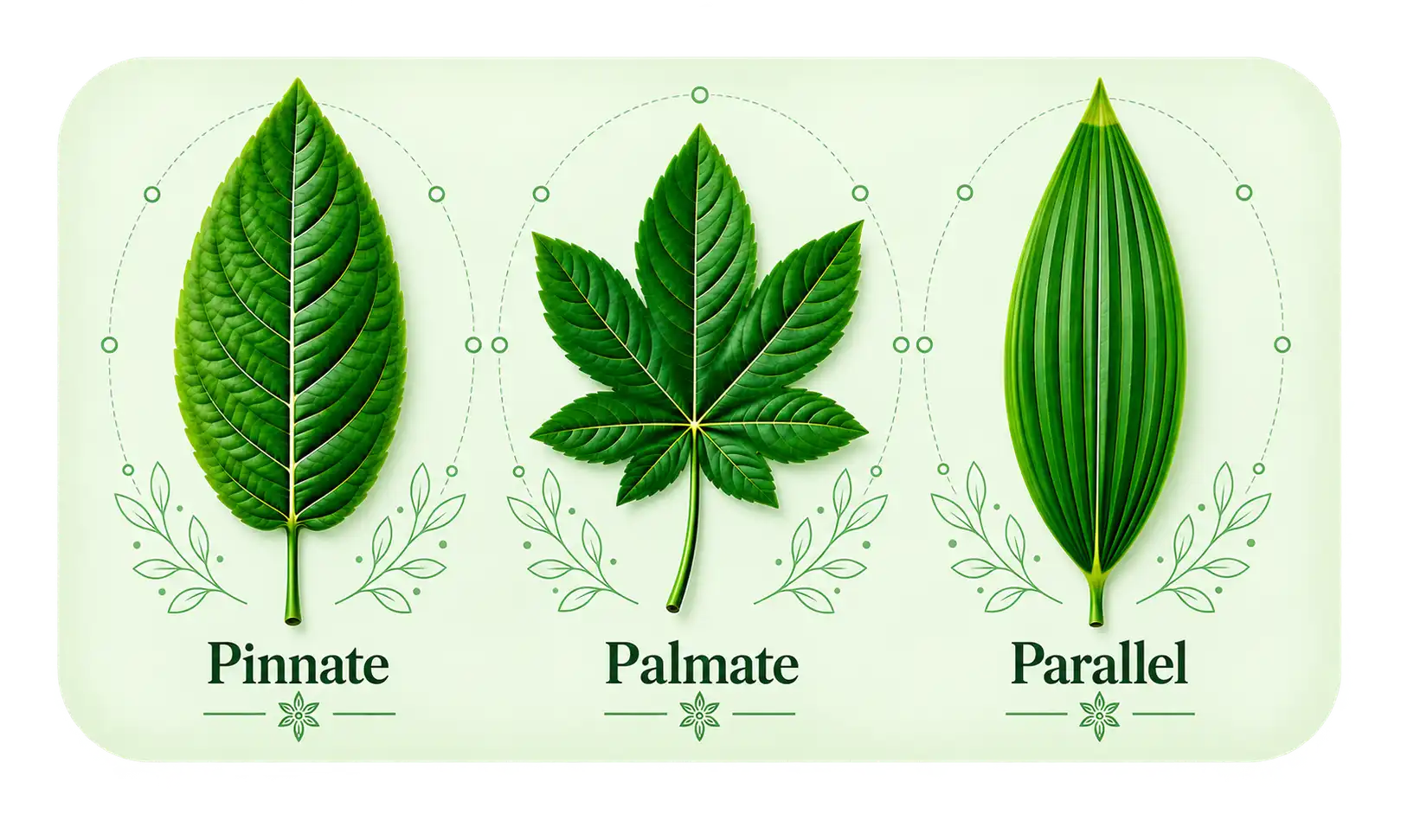 Pinnate, palmate and parallel leaf venation patterns