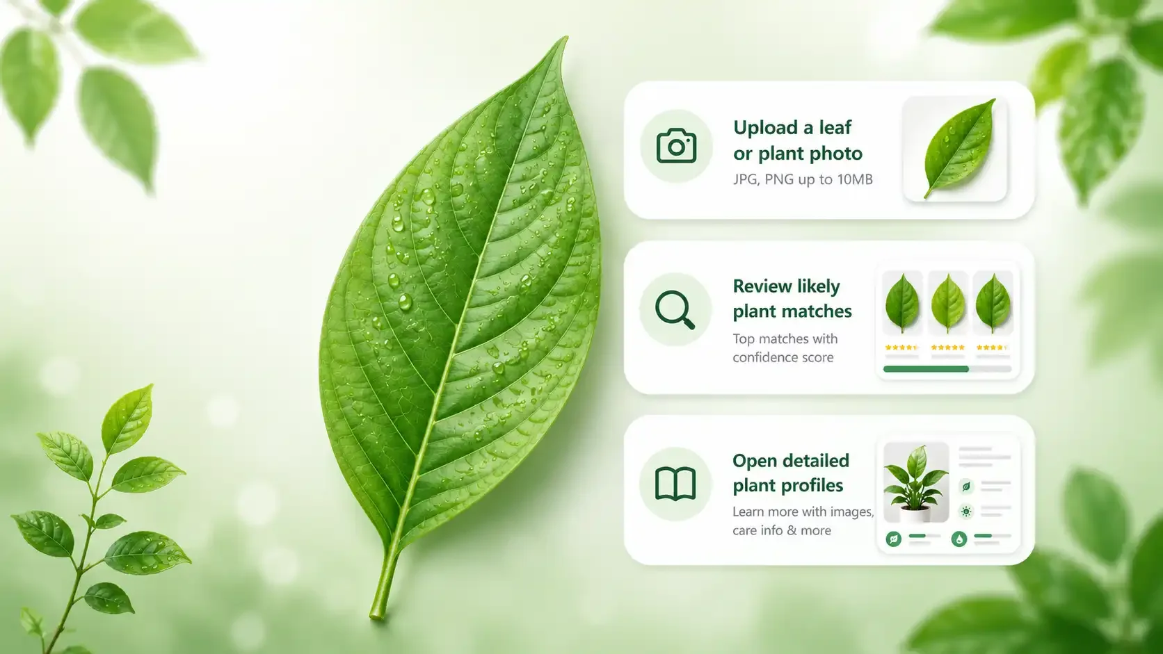 Leaf identifier steps: upload a leaf photo, review likely plant matches, and open a detailed plant profile.