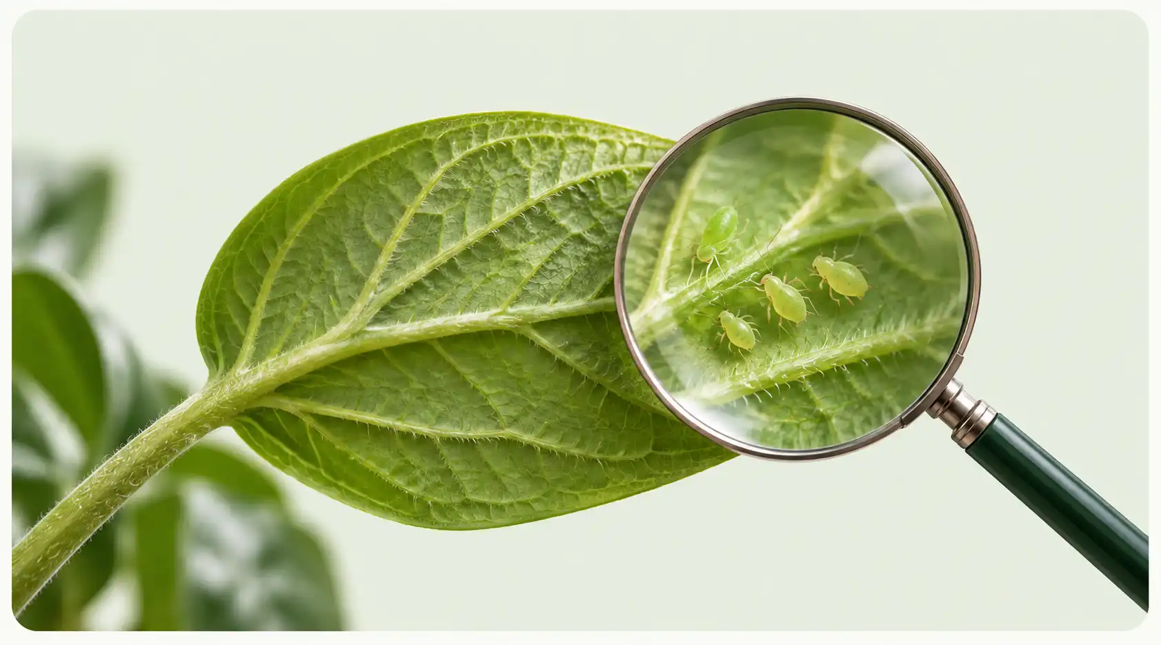 Illustration of a hand lens checking insects beneath a leaf