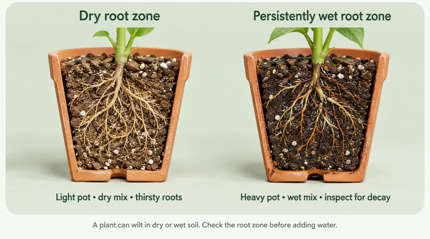 Illustration comparing a dry root zone with persistently wet potting mix